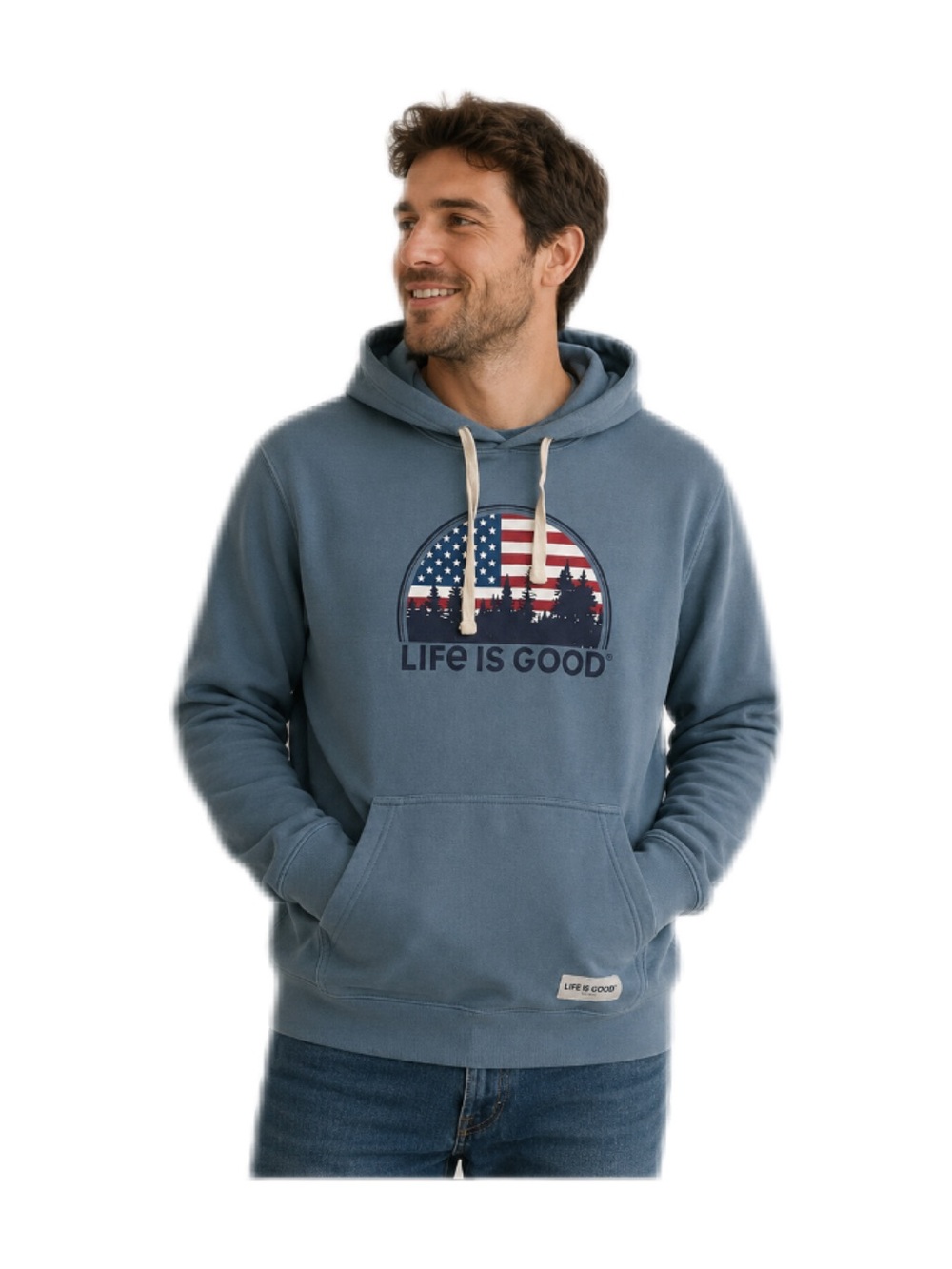 Life Is Good Men's Smokey Blue Hooded Sweatshirt with American Graphic